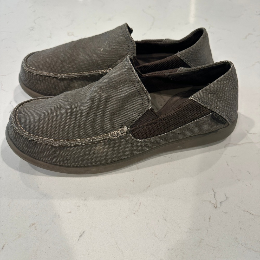 Crocs Santa Cruz Mens Brown Canvas Slip On Loafers Shoes Size 9